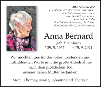 Traueranzeige von Anna Bernard von Giessener Allgemeine, Alsfelder Allgemeine