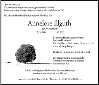 Traueranzeige von Annelore Illguth von Giessener Allgemeine, Alsfelder Allgemeine