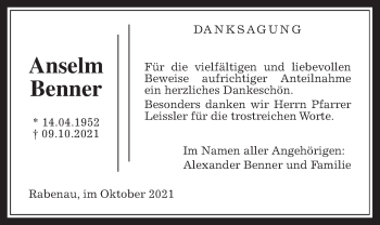 Traueranzeige von Anselm Benner von Rabenauer Zeitung