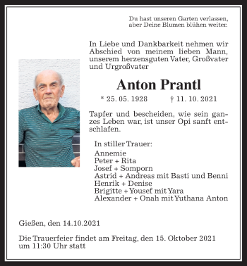 Traueranzeige von Anton Prantl von Giessener Allgemeine, Alsfelder Allgemeine, Wetterauer Zeitung
