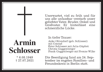 Traueranzeige von Armin Schlosser von Giessener Allgemeine, Alsfelder Allgemeine