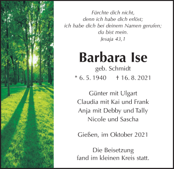 Traueranzeige von Barbara Ise von Giessener Allgemeine, Alsfelder Allgemeine