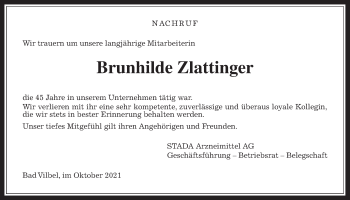 Traueranzeige von Brunhilde Zlattinger von Wetterauer Zeitung