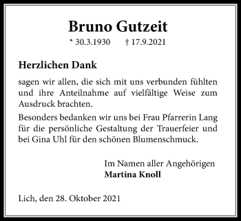 Traueranzeige von Bruno Gutzeit von Licher Wochenblatt