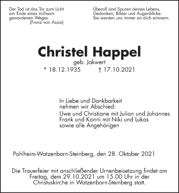 Traueranzeige von Christel Happel von Pohlheimer Nachrichten