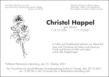 Traueranzeige von Christel Happel von Giessener Allgemeine, Alsfelder Allgemeine