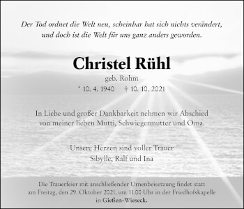 Traueranzeige von Christel Rühl von Giessener Allgemeine, Alsfelder Allgemeine