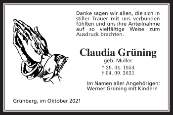 Traueranzeige von Claudia Grüning von Giessener Allgemeine, Alsfelder Allgemeine