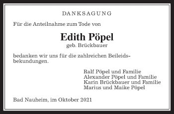 Traueranzeige von Edith Pöpel von Wetterauer Zeitung