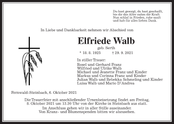 Traueranzeige von Elfriede Walb von Giessener Allgemeine, Alsfelder Allgemeine