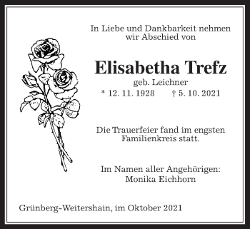 Traueranzeige von Elisabetha Trefz von Heimatzeitung Grünberg + Laubach