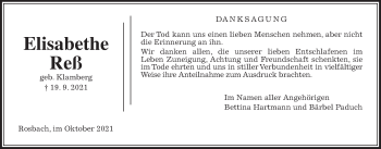 Traueranzeige von Elisabethe Reß von Wetterauer Zeitung