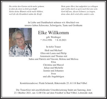 Traueranzeige von Elke Willkomm von Bad Vilbel/Karben
