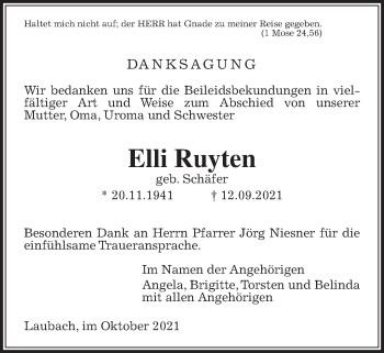 Traueranzeige von Elli Ruyten von Laubacher Anzeiger