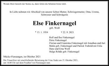 Traueranzeige von Else Finkernagel von Mücker Stimme