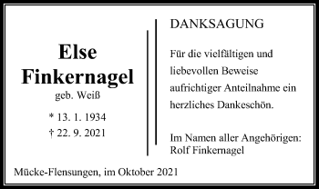 Traueranzeige von Else Finkernagel von Mücker Stimme
