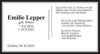 Traueranzeige von Emilie Lepper von Giessener Allgemeine, Alsfelder Allgemeine