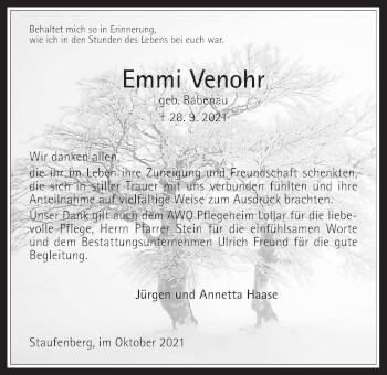 Traueranzeige von Emmi Venohr von Giessener Allgemeine, Alsfelder Allgemeine