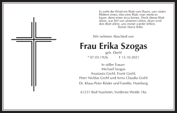 Traueranzeige von Erika Szogas von Wetterauer Zeitung