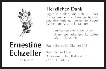 Traueranzeige von Ernestine Echzeller von Wetterauer Zeitung