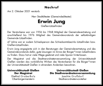 Traueranzeige von Erwin Jung von Giessener Allgemeine, Alsfelder Allgemeine