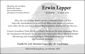 Traueranzeige von Erwin Lepper von Giessener Allgemeine, Alsfelder Allgemeine