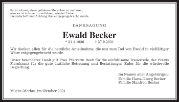Traueranzeige von Ewald Becker von Giessener Allgemeine, Alsfelder Allgemeine
