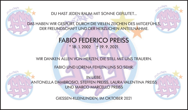  Traueranzeige für Fabio Federico Preiss vom 09.10.2021 aus Giessener Allgemeine, Alsfelder Allgemeine