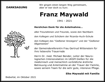 Traueranzeige von Franz Maywald von Giessener Allgemeine, Alsfelder Allgemeine