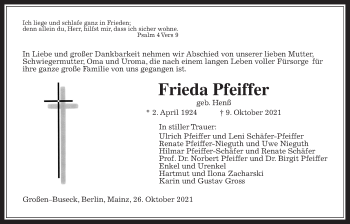 Traueranzeige von Frieda Pfeiffer von Giessener Allgemeine, Alsfelder Allgemeine