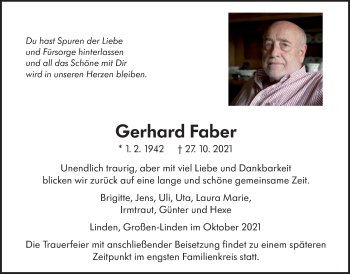 Traueranzeige von Gerhard Faber von Giessener Allgemeine, Alsfelder Allgemeine