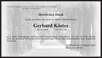 Traueranzeige von Gerhard Köster von Wetterauer Zeitung