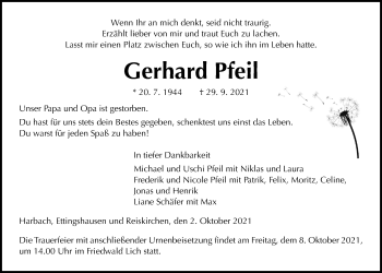 Traueranzeige von Gerhard Pfeil von Giessener Allgemeine, Alsfelder Allgemeine