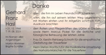 Traueranzeige von Gerhard Franz Hasl von Pohlheimer Nachrichten