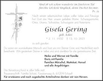 Traueranzeige von Gisela Gering von Wetterauer Zeitung