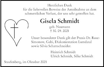 Traueranzeige von Gisela Schmidt von Giessener Allgemeine, Alsfelder Allgemeine