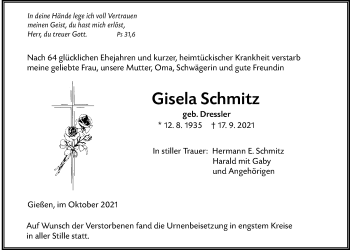 Traueranzeige von Gisela Schmitz von Giessener Allgemeine, Alsfelder Allgemeine