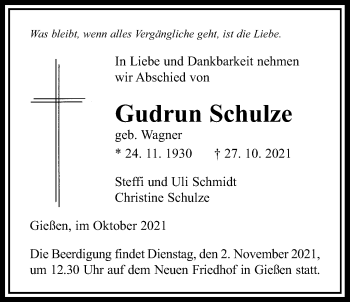 Traueranzeige von Gudrun Schulze von Giessener Allgemeine, Alsfelder Allgemeine