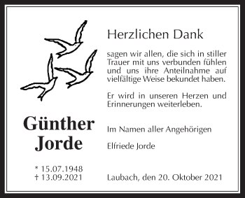 Traueranzeige von Günther Jorde von Laubacher Anzeiger