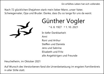 Traueranzeige von Günther Vogler von Giessener Allgemeine, Alsfelder Allgemeine