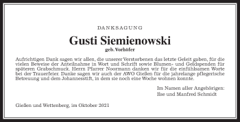 Traueranzeige von Gusti Siemienowski von Giessener Allgemeine, Alsfelder Allgemeine