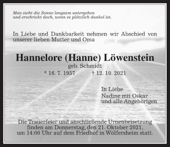 Traueranzeige von Hannelore Löwenstein von Wetterauer Zeitung