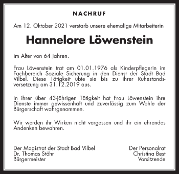 Traueranzeige von Hannelore Löwenstein von Bad Vilbel/Karben