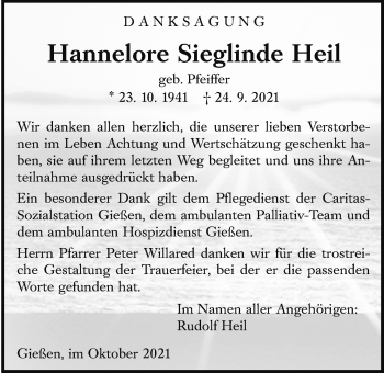 Traueranzeige von Hannelore Sieglinde Heil von Giessener Allgemeine, Alsfelder Allgemeine