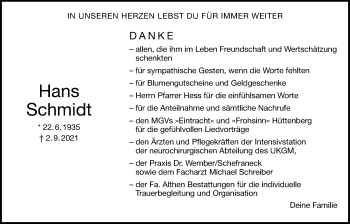 Traueranzeige von Hans Schmidt von Giessener Allgemeine, Alsfelder Allgemeine