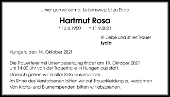Traueranzeige von Hartmut Rosa von Licher Wochenblatt