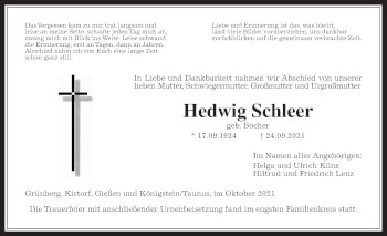 Traueranzeige von Hedwig Schleer von Giessener Allgemeine, Alsfelder Allgemeine