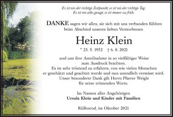 Traueranzeige von Heinz Klein von Alsfelder Allgemeine