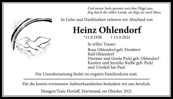 Traueranzeige von Heinz Ohlendorf von Licher Wochenblatt