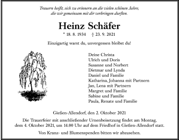 Traueranzeige von Heinz Schäfer von Giessener Allgemeine, Alsfelder Allgemeine
